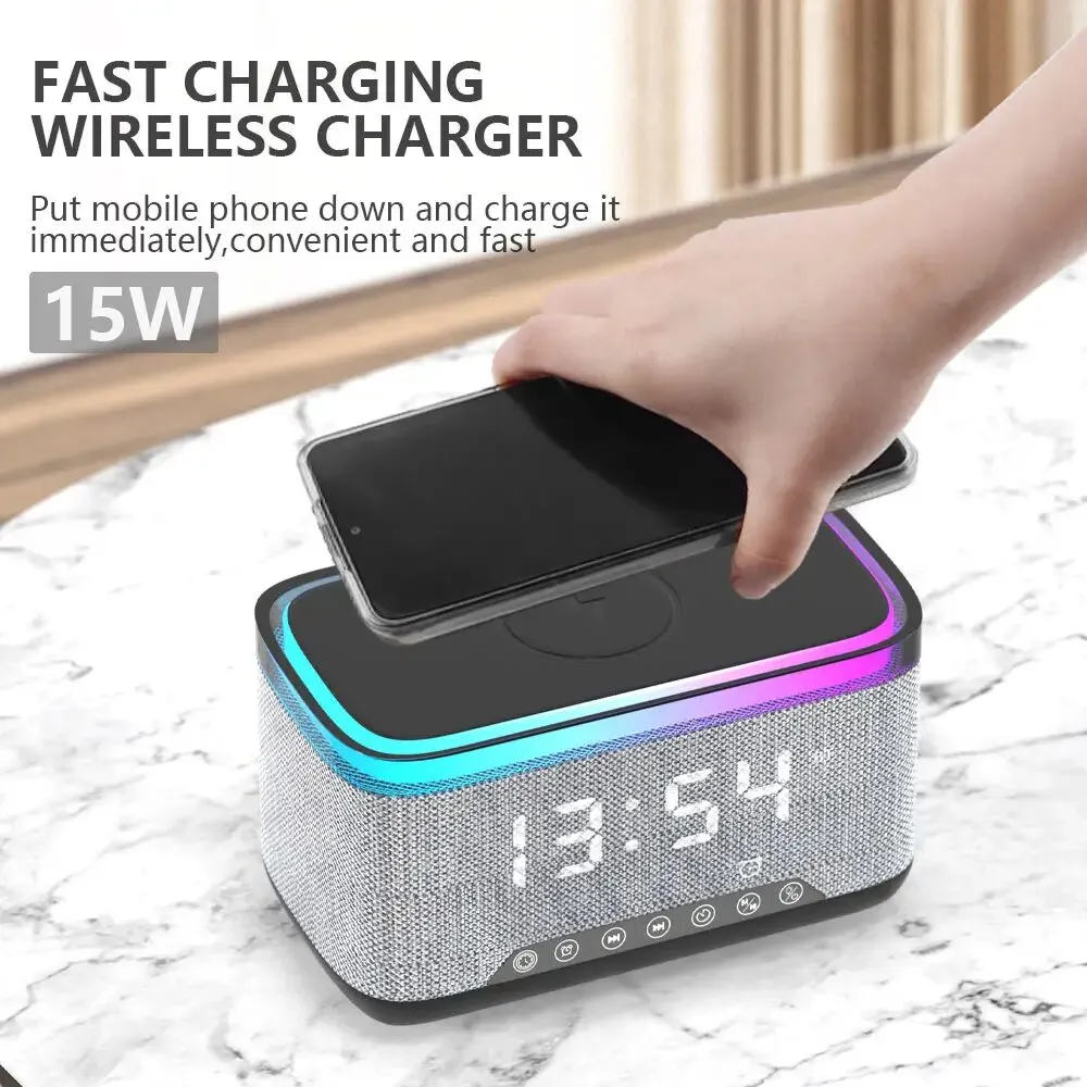 Enceinte Bluetooth OKOP KP-559 – Horloge LED, Réveil, Chargeur Sans Fil, Radio FM
