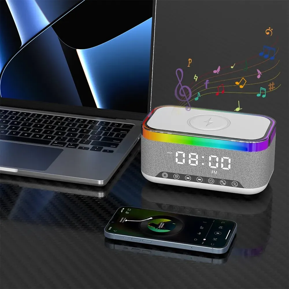 Enceinte Bluetooth OKOP KP-559 – Horloge LED, Réveil, Chargeur Sans Fil, Radio FM