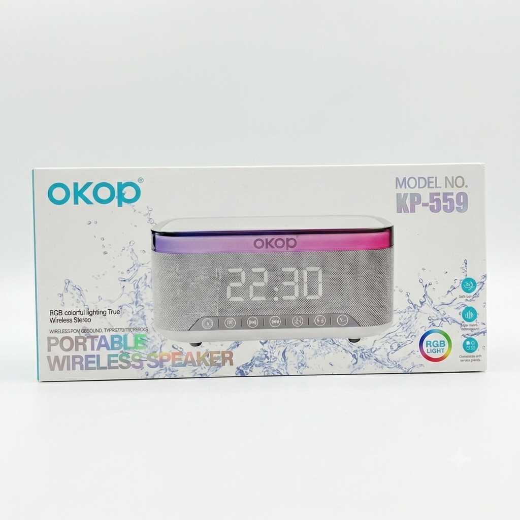 Enceinte Bluetooth OKOP KP-559 – Horloge LED, Réveil, Chargeur Sans Fil, Radio FM