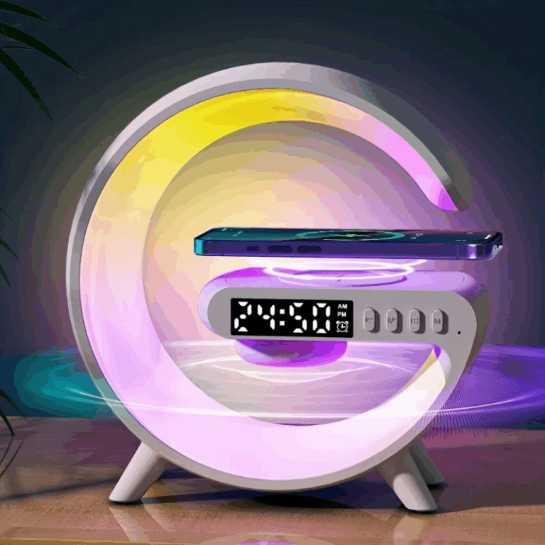 Haut-parleur Bluetooth intelligent Rechargeable – Réveil – Chargeur Sans Fil avec 15 W – Veilleuse LED RGB